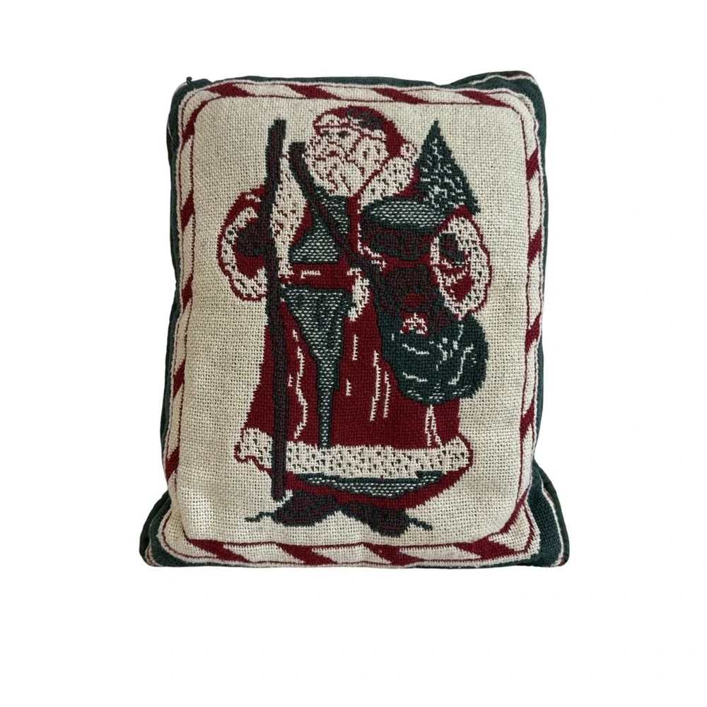 Vintage Santa Claus Woven Tapestry Christmas Throw Pillow Green Red Cream
